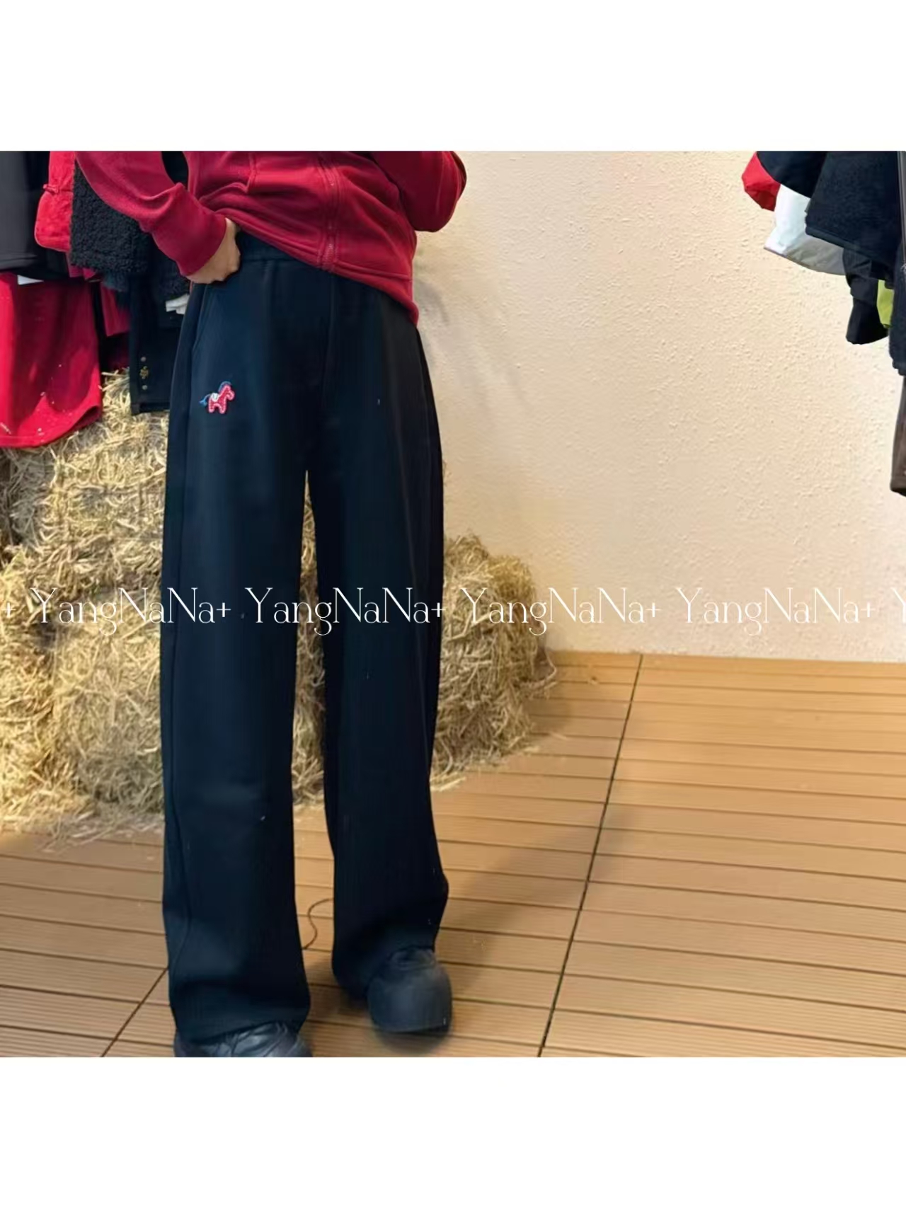 百搭大版时尚运动休闲马上有钱花复合不加绒直筒弯刀显瘦裤8883