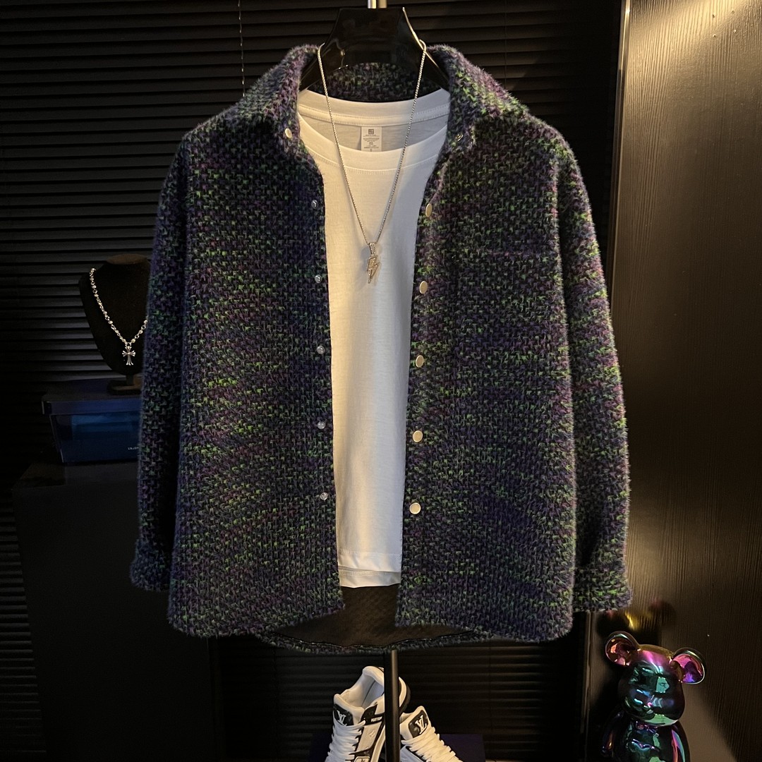 秋季格子小香风外套编织设计时尚潮流宽松休闲百搭男士上衣