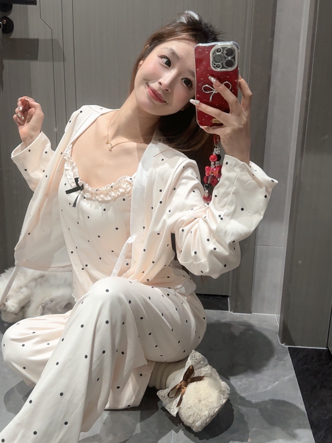 【缪系千金】2025甜美粉杏巨美色卡带固定胸垫三件套睡衣