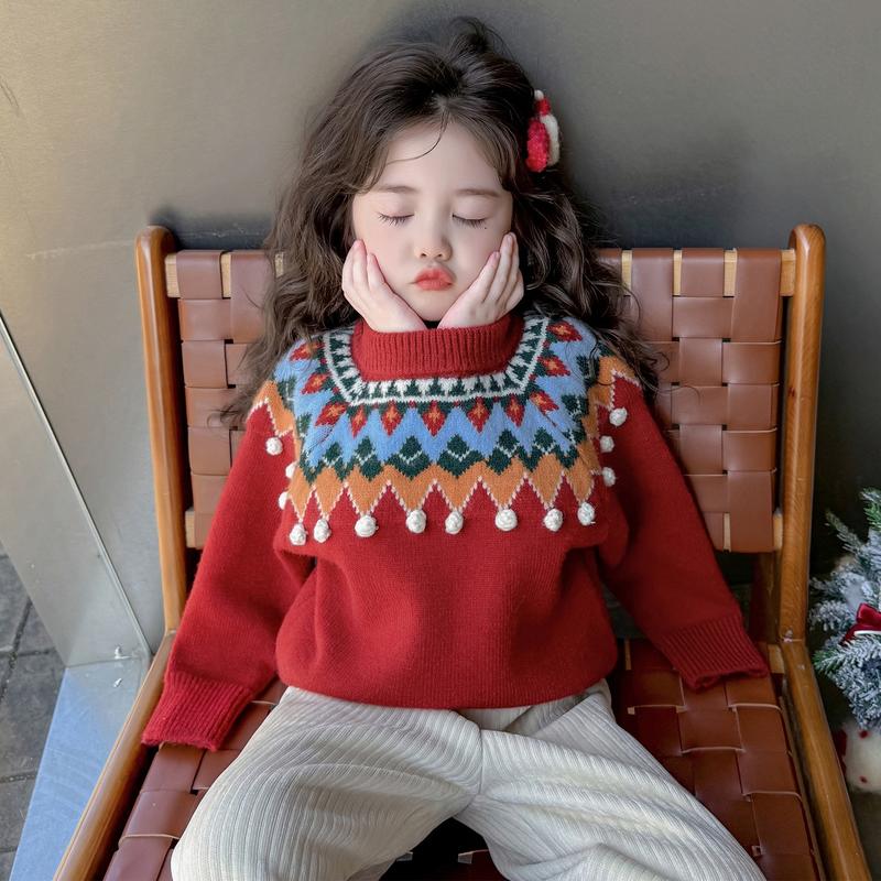 2025年新款韩版女童冬款圣诞节加厚毛衣儿童外穿洋气打底童装