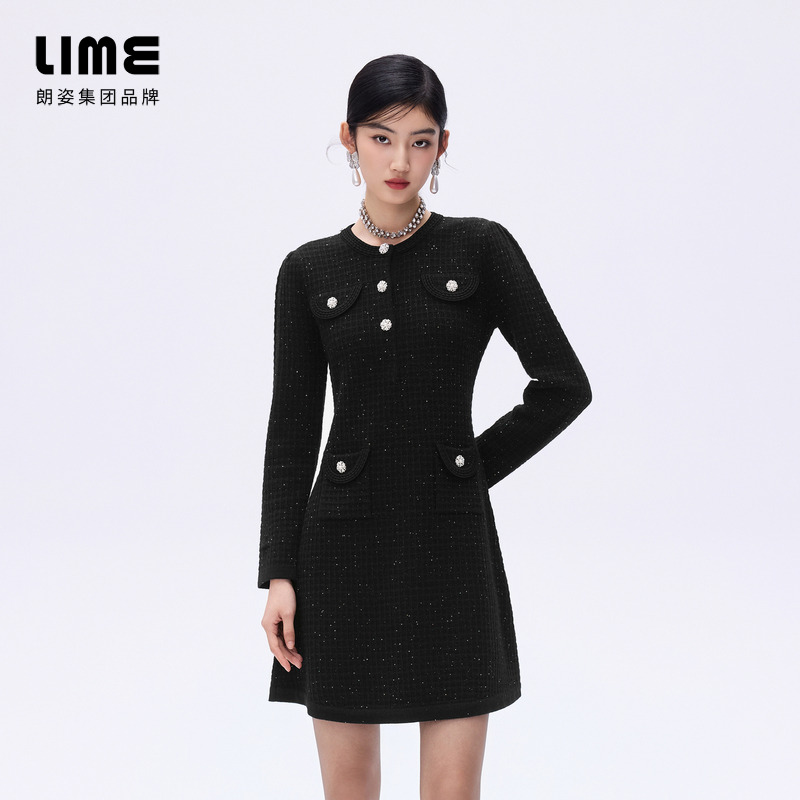 朗姿/莱茵【时光律动】优雅格纹肌理亮片针织连衣裙黑LDHADBKOP804