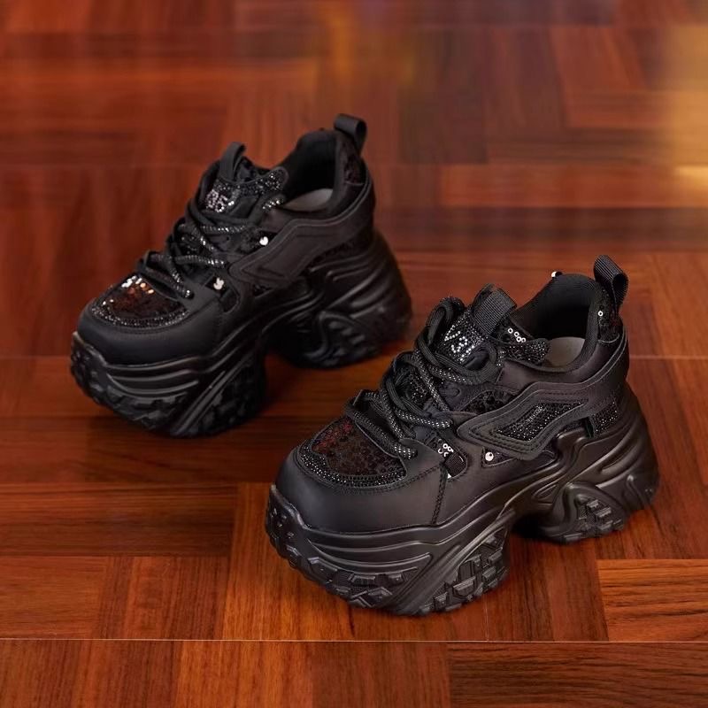 厚底水钻秋季内增高9CM老爹鞋女2025秋季新款时尚松糕厚底运动鞋