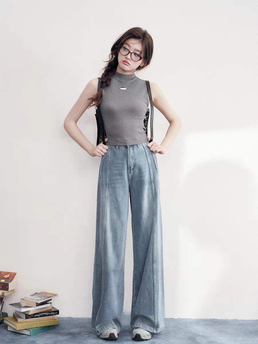 欧货设计款高腰宽松阔腿牛仔裤显瘦直筒拖地裤+蕾丝拼接碎花衬衫