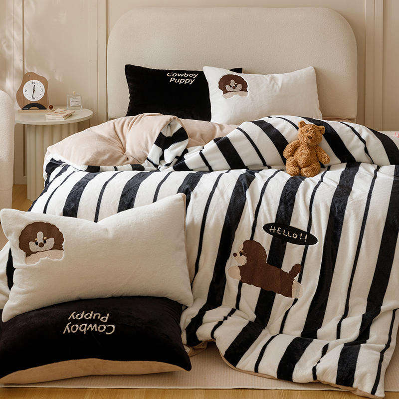 加绒加厚8-9斤高克重牛奶绒床单/床笠四件套卡通保暖双面加绒被套