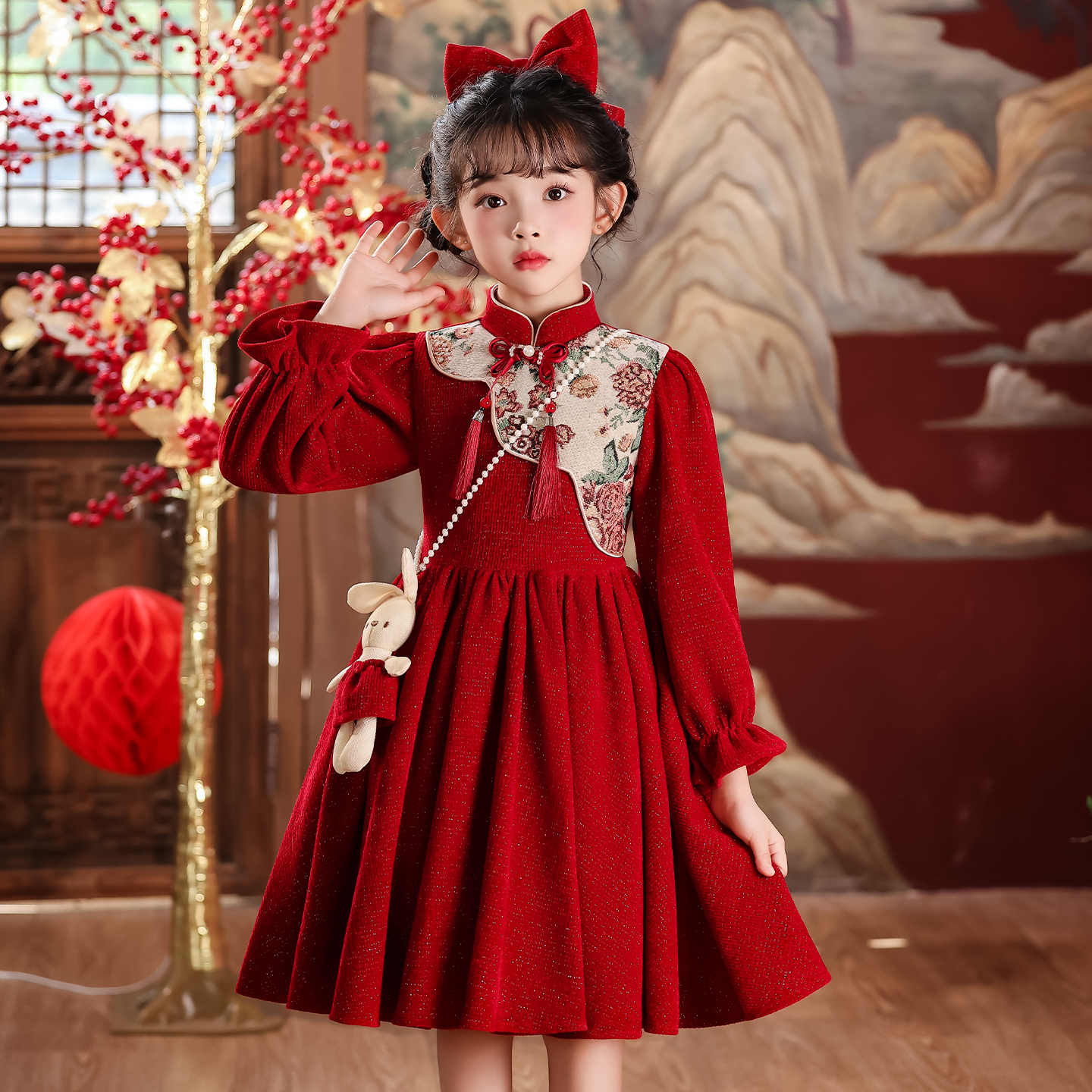 女童连衣裙秋冬2025新款小女孩中国风洋气新年装儿童红色公主裙子