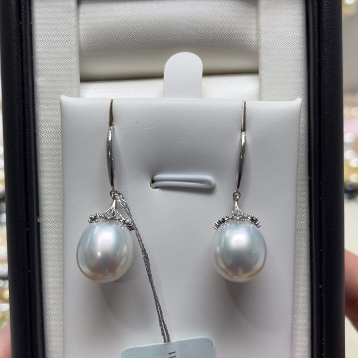 海水珍珠漏澳白梨花耳钩11-12mm银S925镶嵌