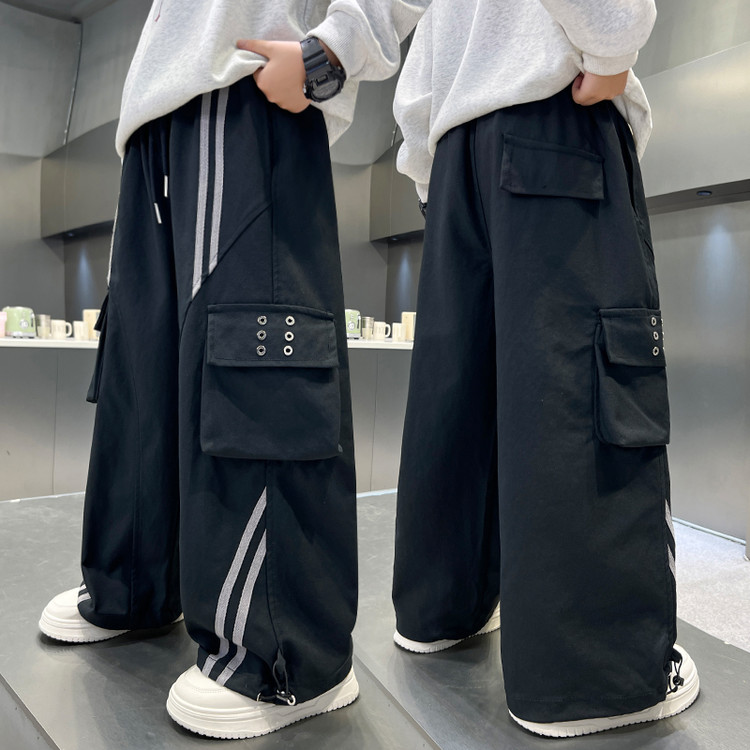 【秋款上新】儿童工装裤中大童纯色织带时髦痞帅宽松男女童休闲裤子