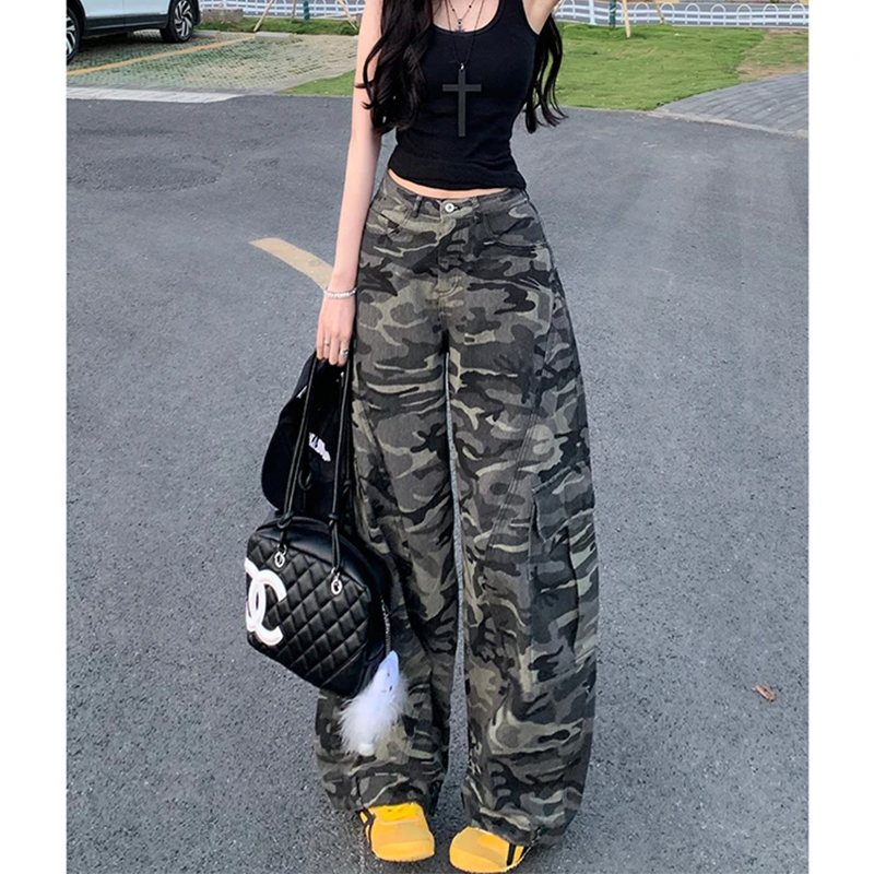 嘻哈风迷彩工装显瘦垂感牛仔裤女2025秋季新款高腰宽松美式阔腿裤