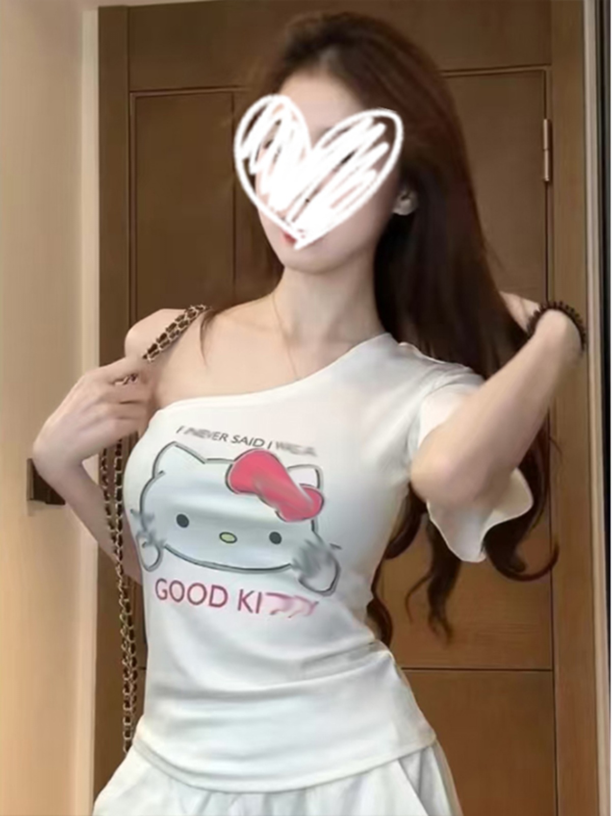 美式复古猫咪印花斜肩T恤女夏季甜辣妹修身显瘦露肩百搭短袖上衣
