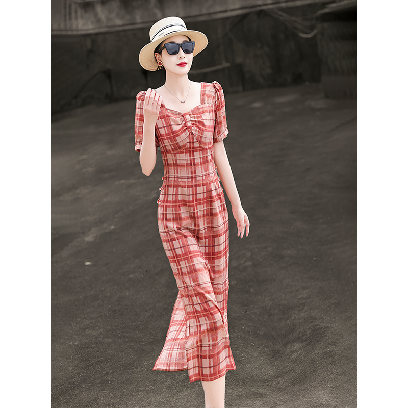 MEXCOCO/兰瑟儿气质优雅修身显瘦格子连衣裙女士105XL9381