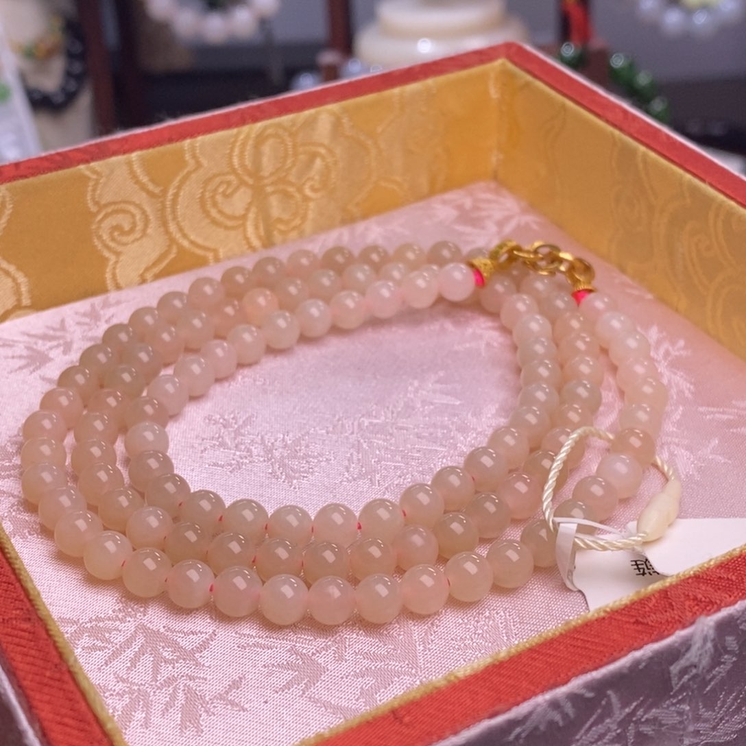 和田玉孤品补贴浓红粉珠链6m未镶嵌