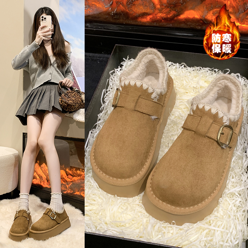 厚底勃肯鞋女2025新款秋冬加绒豆豆鞋保暖雪地靴一脚蹬懒人棉鞋子