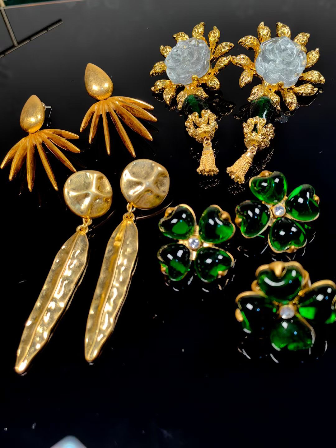 非金属仿珍珠耳饰 复古镶嵌极简风耳钉绿色中古优雅套装