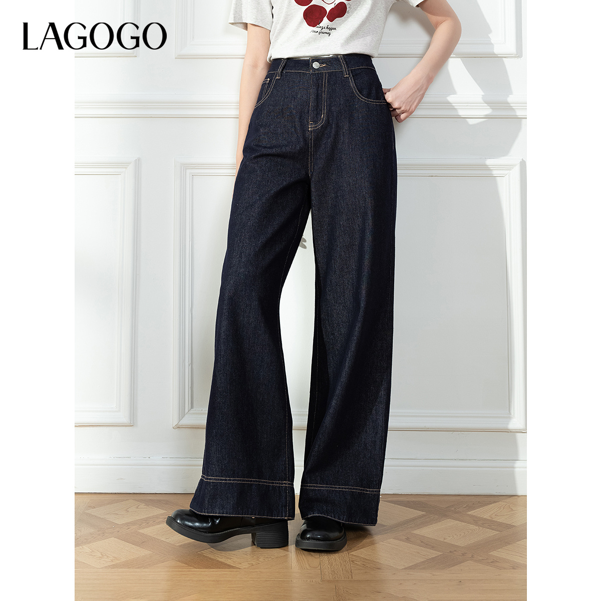 lagogo拉谷谷2025年新款不易褪色宽松显瘦通勤牛仔裤女OCNN557G05