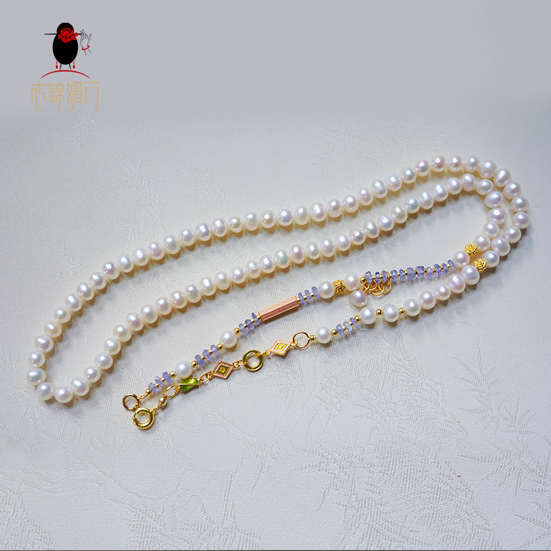 璎珞 925银镀金镶珍珠多宝毛衣项链