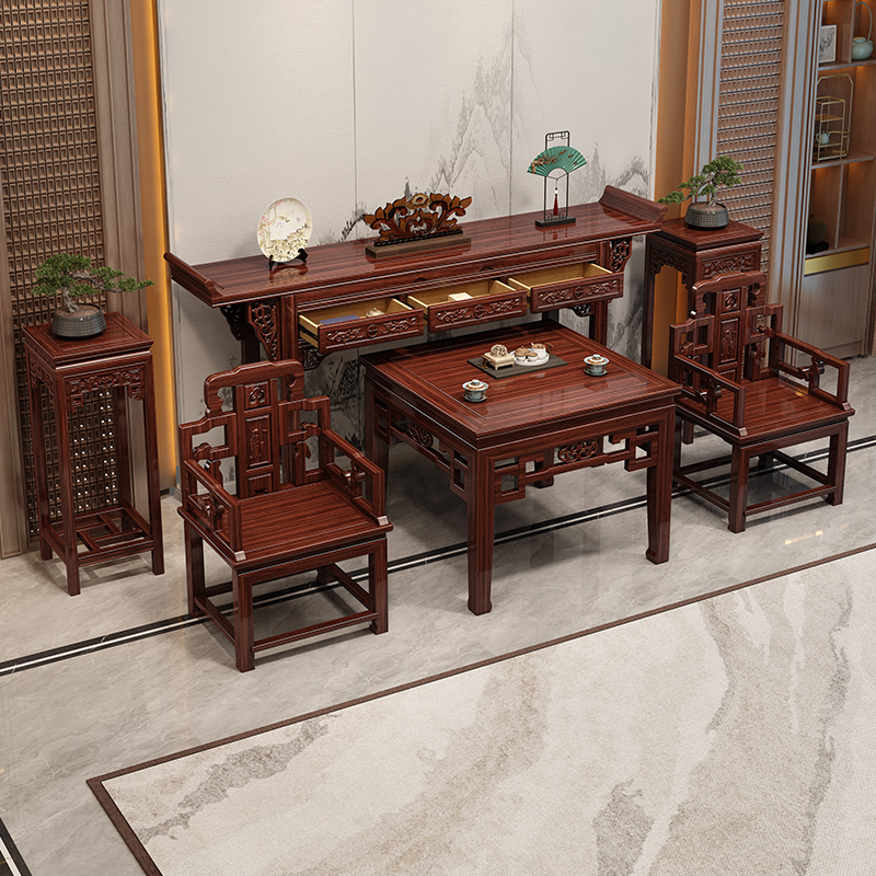 中堂乌金木实木供桌新中式中堂条桌六件套农村堂屋家用神台八仙桌