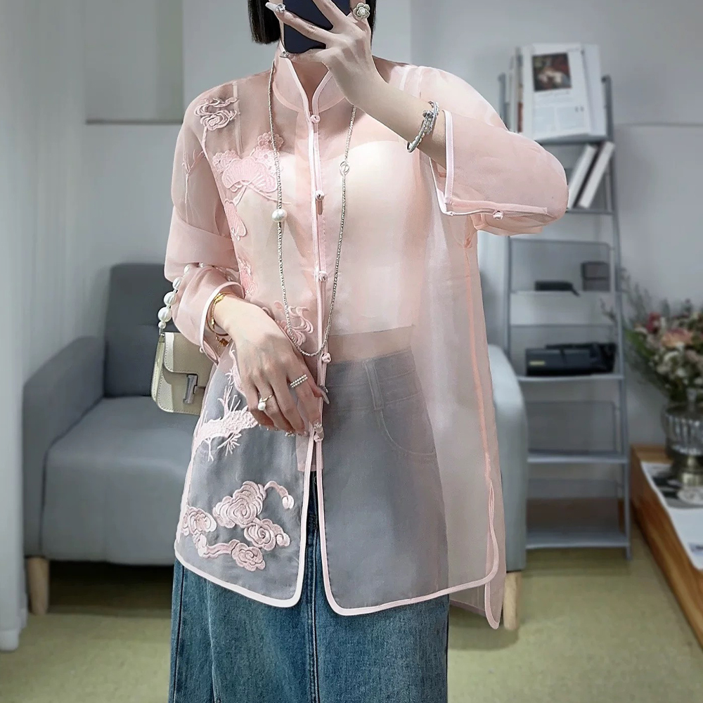 100桑蚕丝真丝欧根缎桑盘扣中式刺绣桑蚕丝长袖衬衣ZKF95粉色