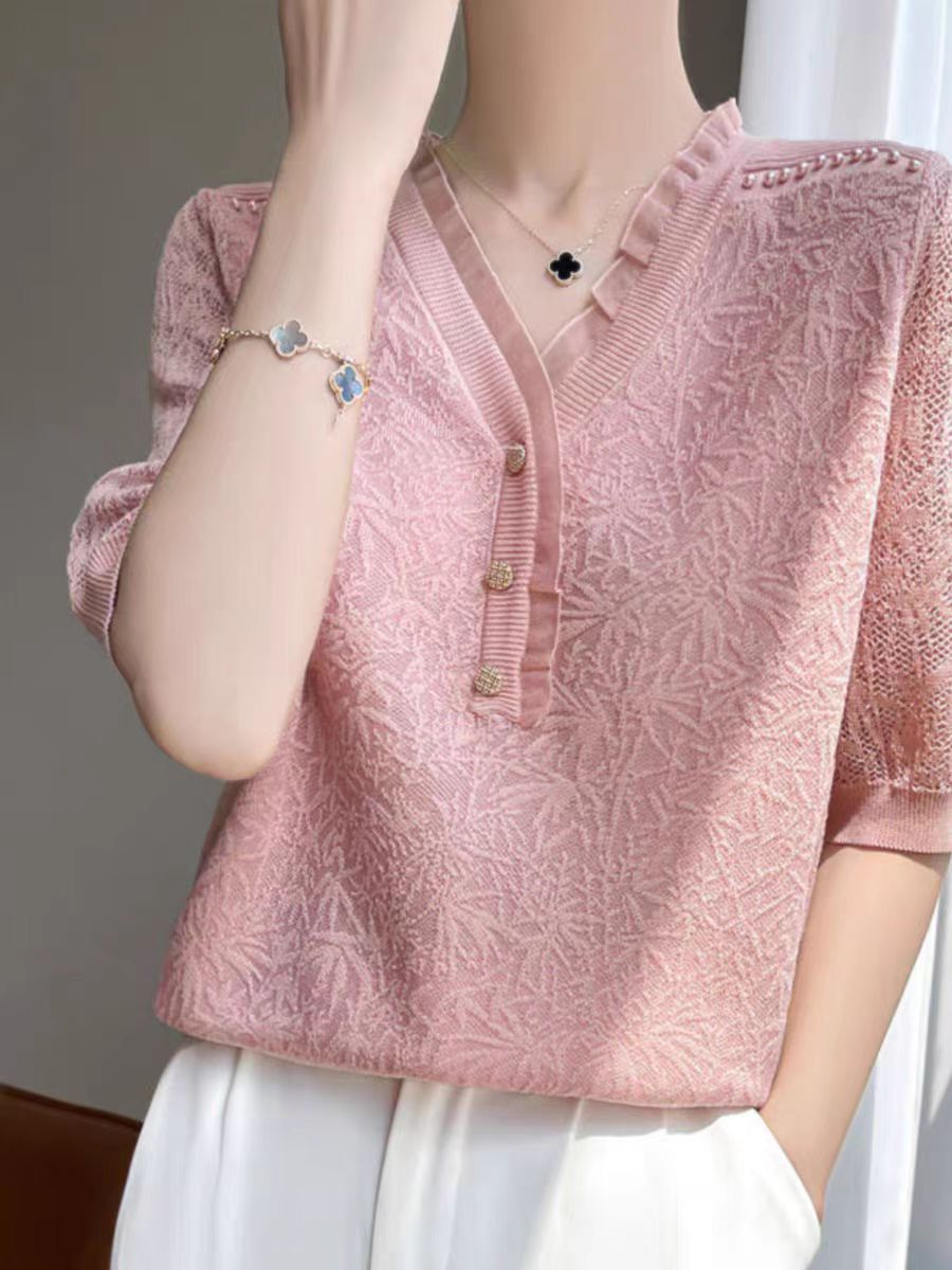 Y6新V领钉珠上衣女夏季薄款小冰丝针织衫宽松显瘦短袖t恤