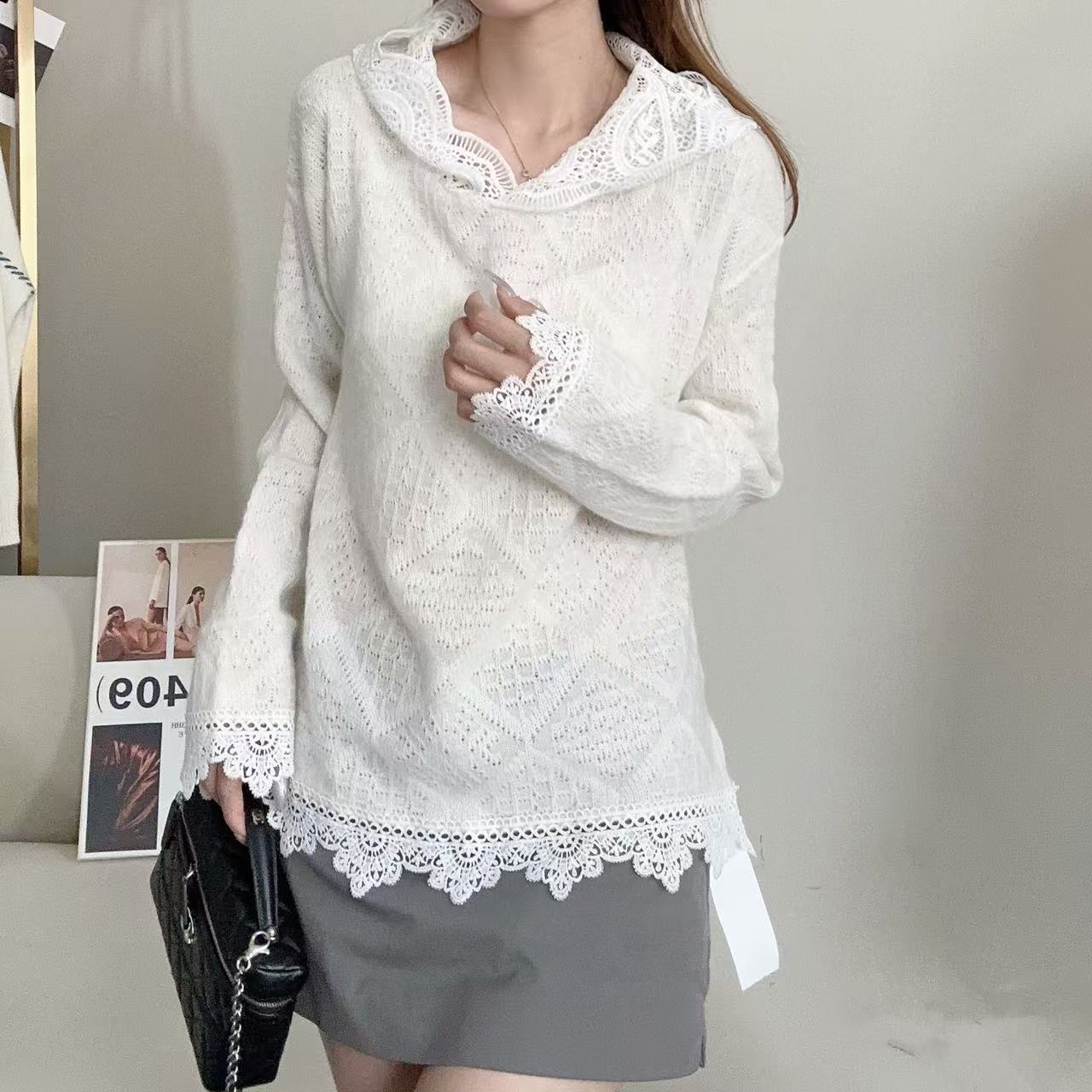 【百分百山羊绒】轻奢255026菱形格镂空蕾丝针织连帽套