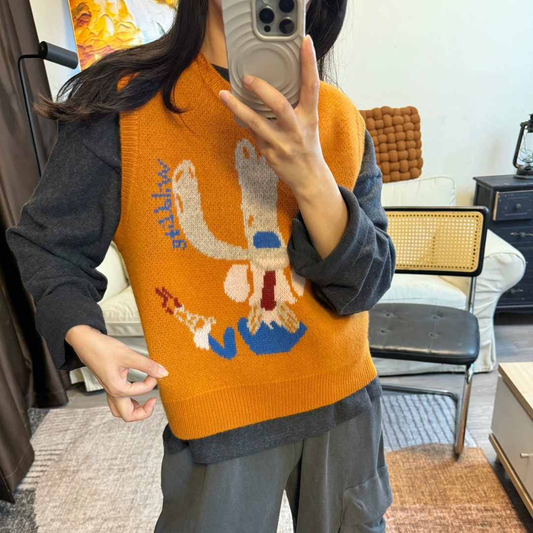 橘色超显白哦！韩国东大门代购宽松版休闲抽象印花羊毛针织马甲潮