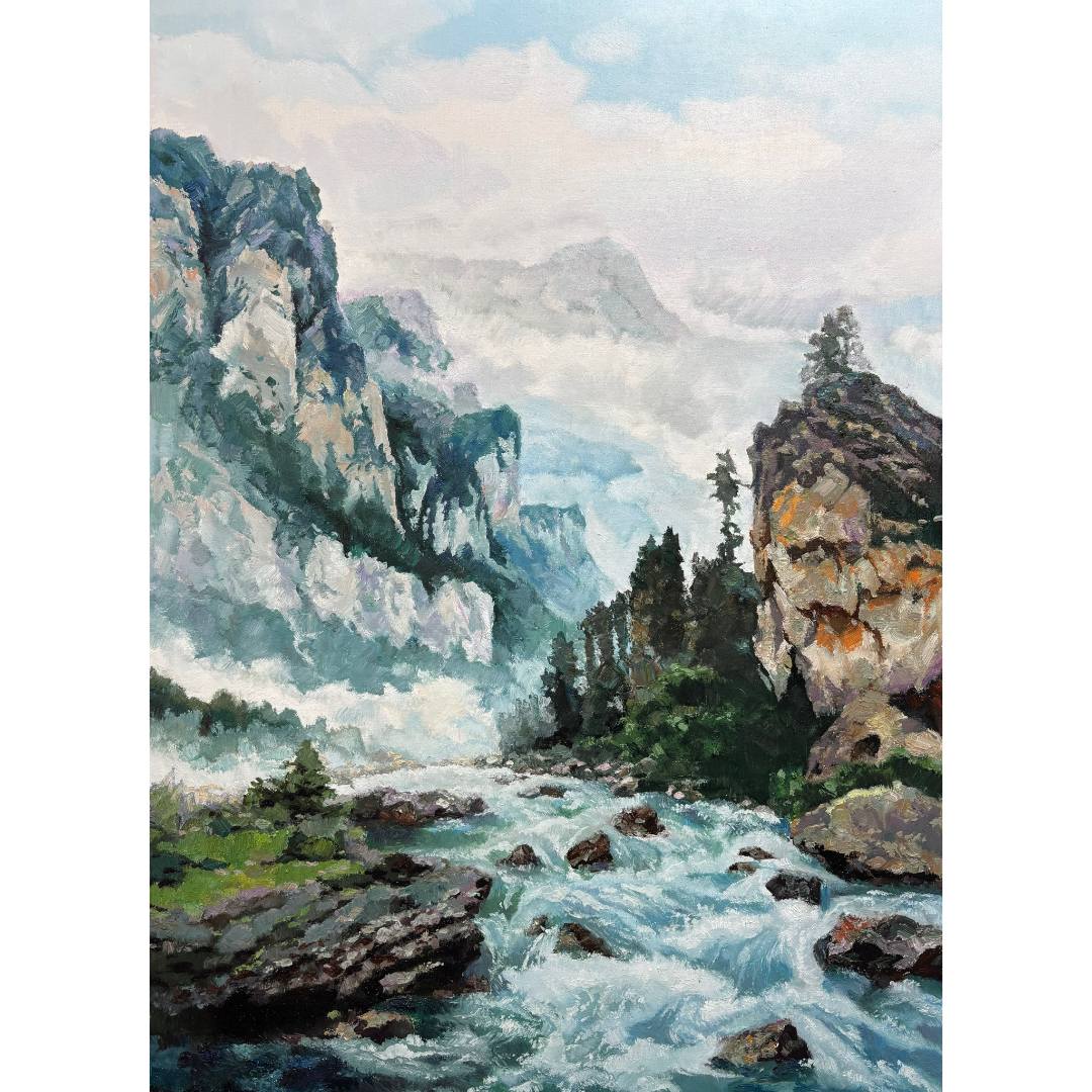 8220吴民本《峡江云起》原创手绘油画风景作品110*80cm适合客厅玄关