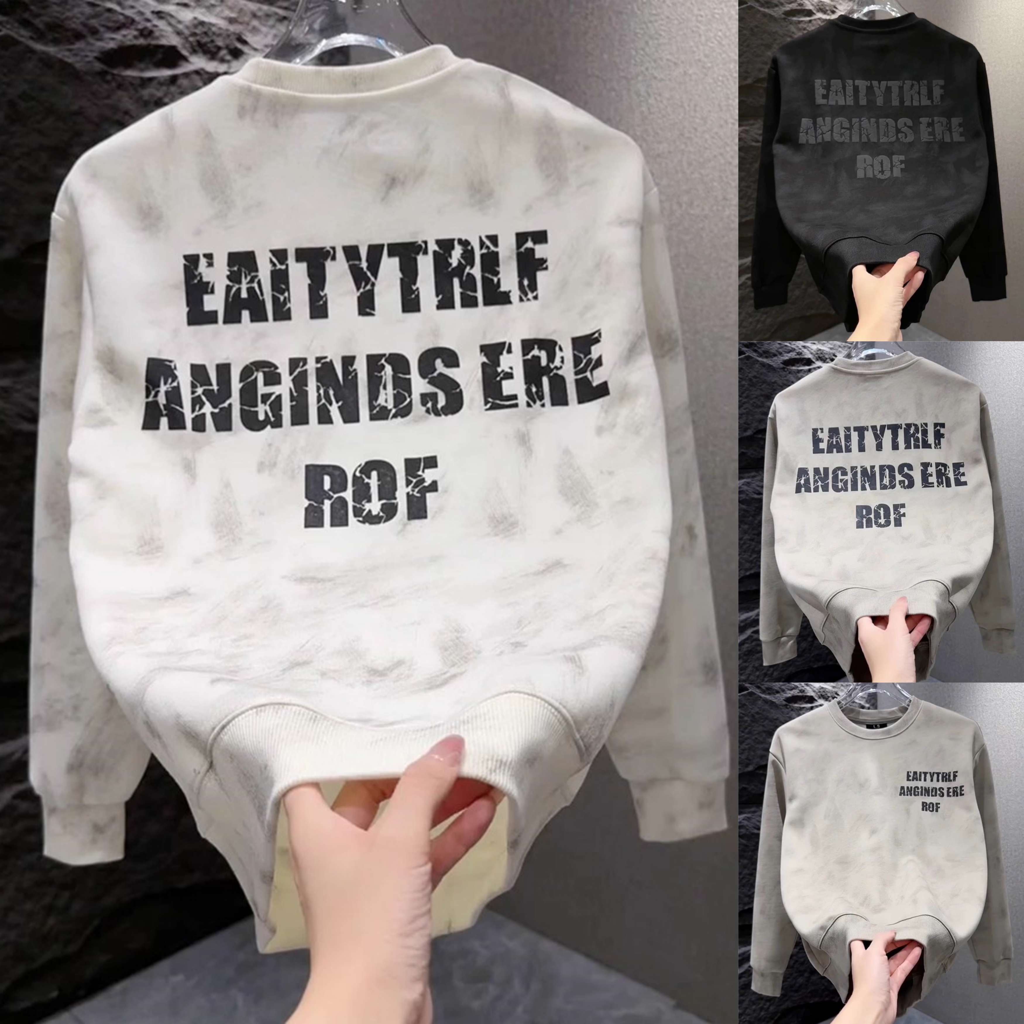 2025秋冬新款男装加绒潮流卫衣男款扎染休闲字母圆领长袖复古上衣