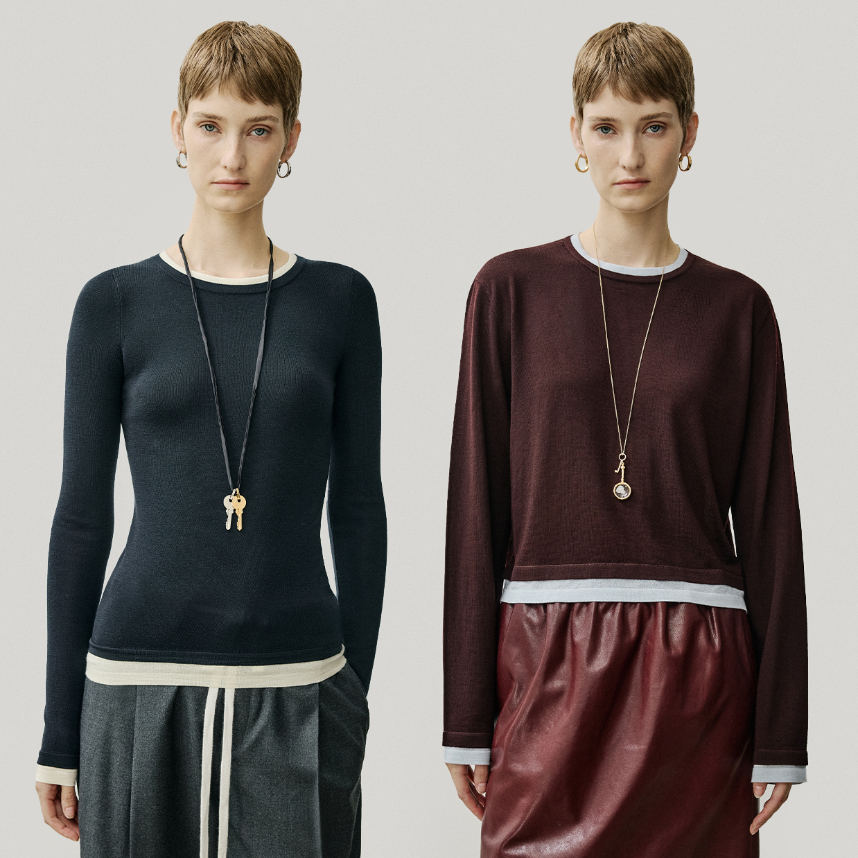 开间/德国BIELLA160s黄金Y毛120s可水洗 撞色假两件多领针织打底