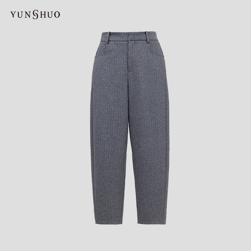 YUNSHUO高腰显瘦哈伦裤宽松人字纹毛呢休闲裤子198010长裤秋冬
