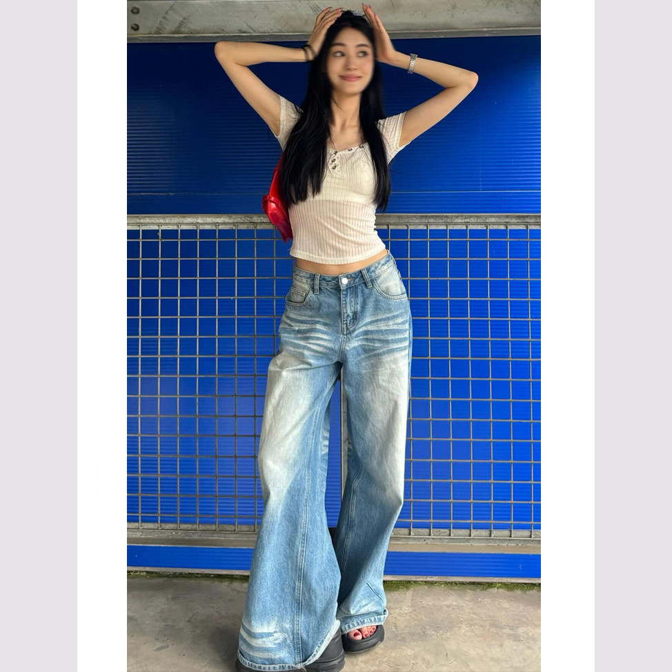 【免费试穿】美式浅蓝阔腿牛仔裤女夏季高腰宽松显瘦垂感拖地直筒裤