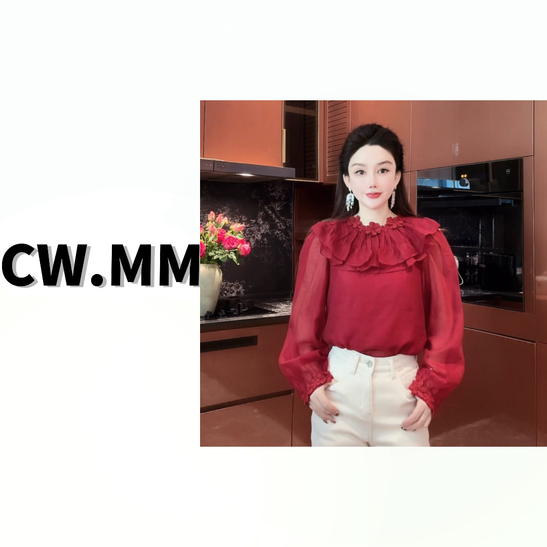 --CW.MM【幸运女神】樱桃红- 新款花朵领双层荷叶边设计感洋气上衣