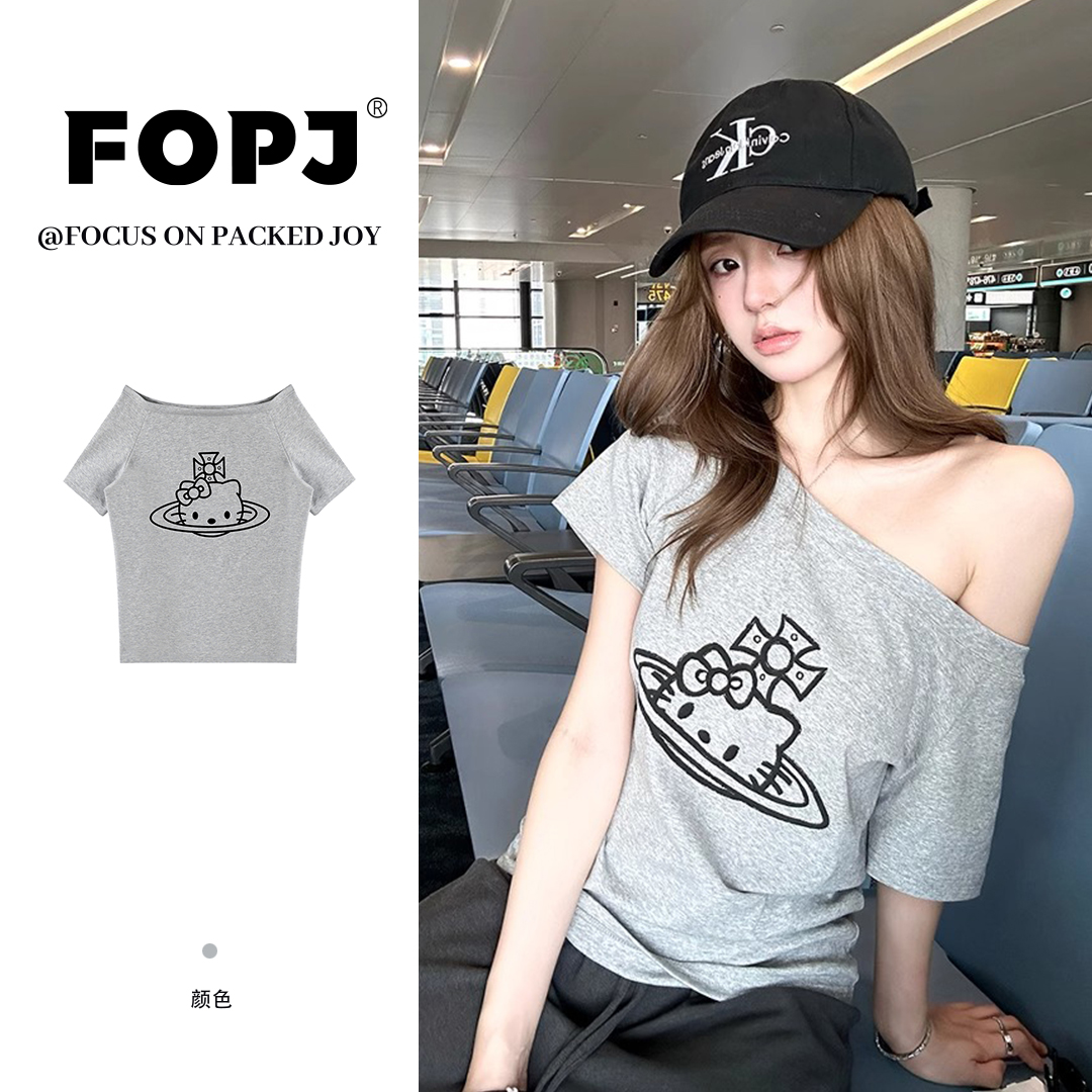 FOPJ美式印花kitty一字领斜肩短袖t恤夏季学院风宽松百搭辣妹上衣