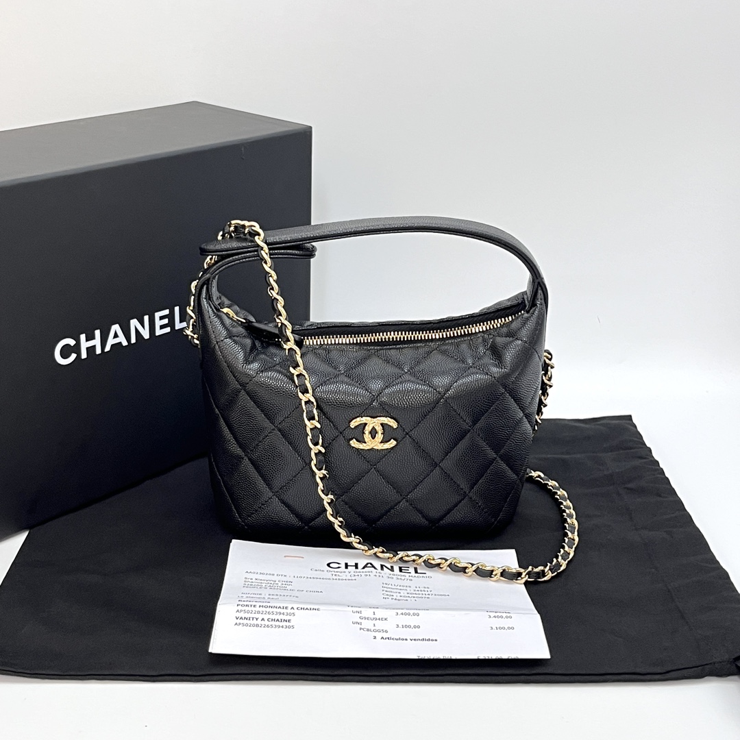 99新 Chanel/香奈儿 黑金菱格纹26c手提斜挎饭盒包 01011