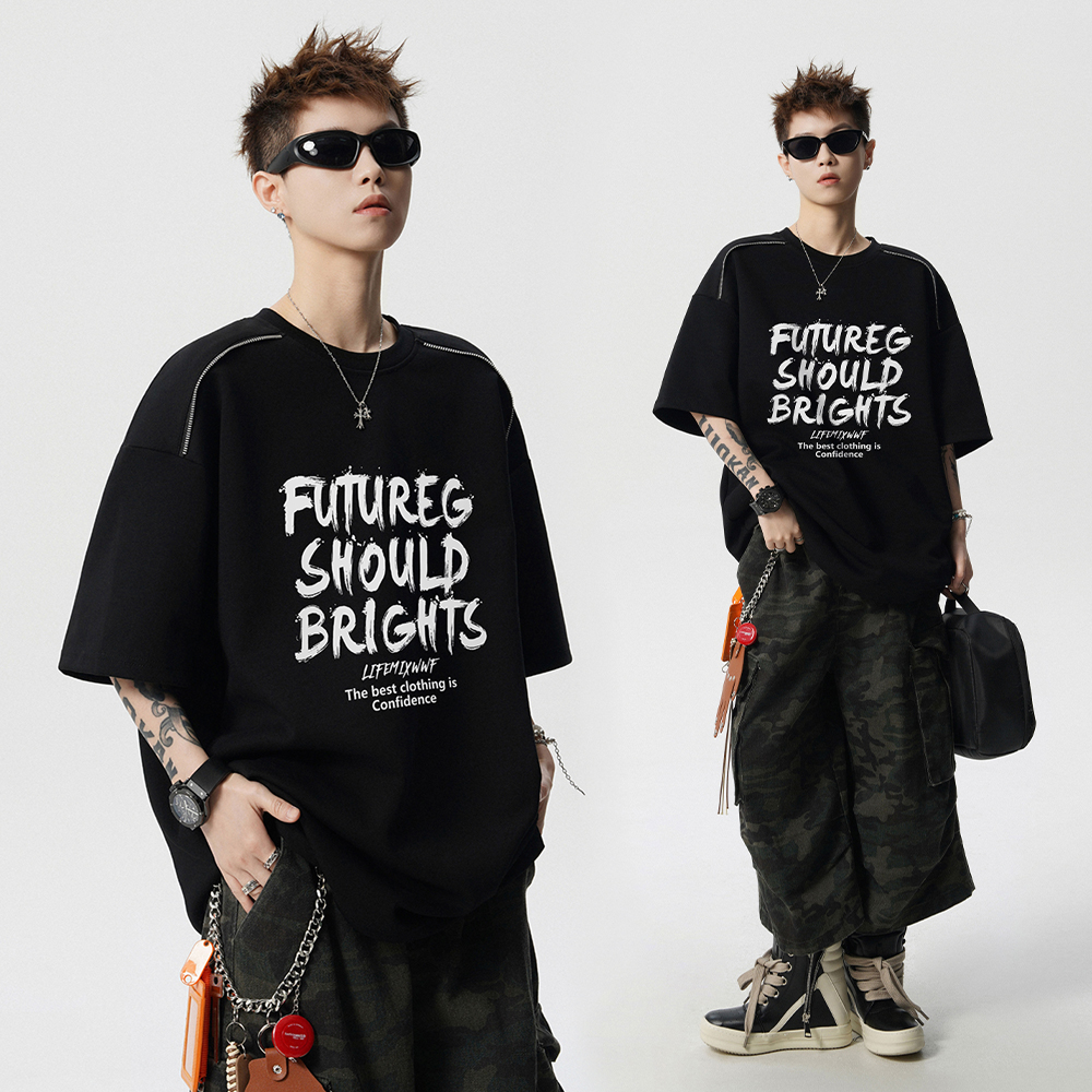 复古重磅字母印花短袖男女2025夏季潮学院风潮牌宽松情侣半袖T恤