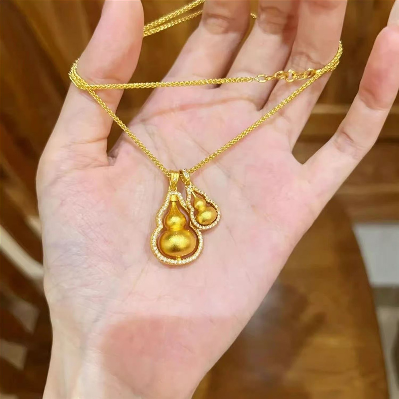 铜合金项链 小红书同款点钻可旋转双葫芦链女古法新中式小金葫芦