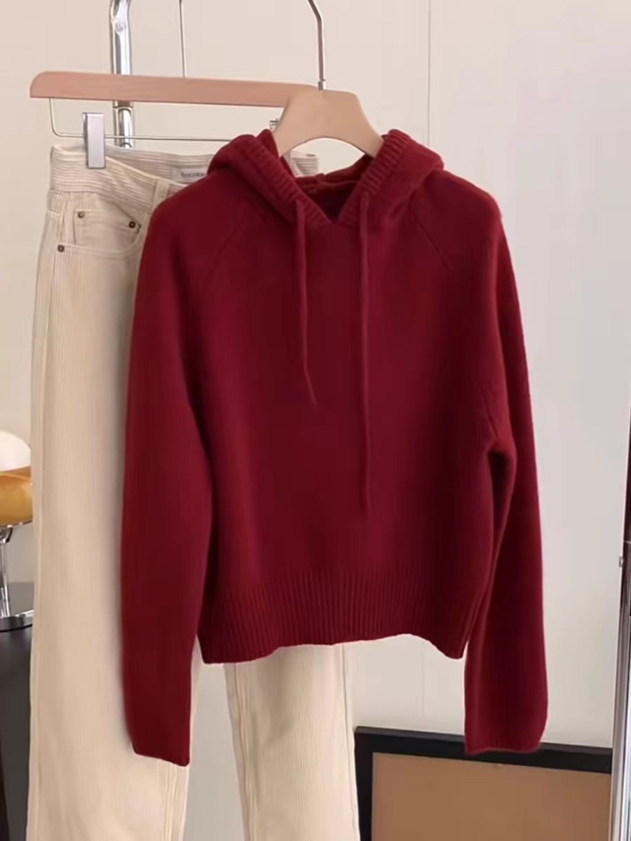 韩系高级感超好看灰色连帽毛衣女秋冬季软糯慵懒风针织衫红色毛衣