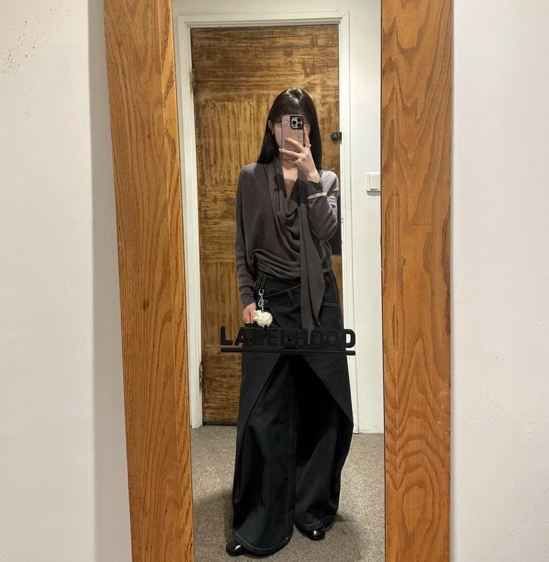 美式复古慵懒风假两件复古宽松阔腿牛仔裤