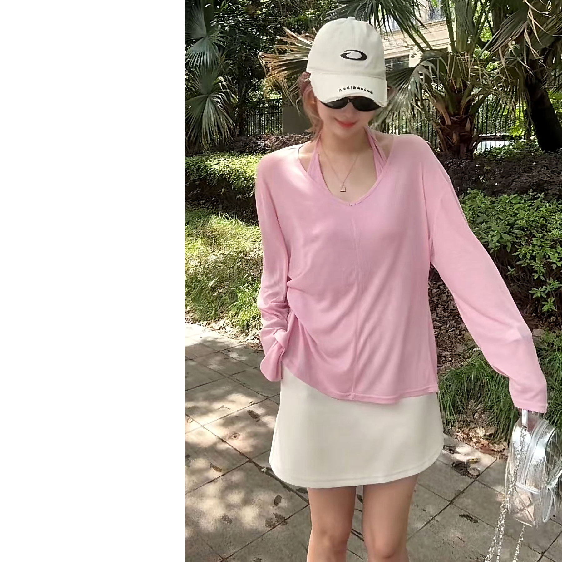 墨迹姐高个子微胖“粉色防晒”3D剪裁设计显瘦V领长袖T恤女