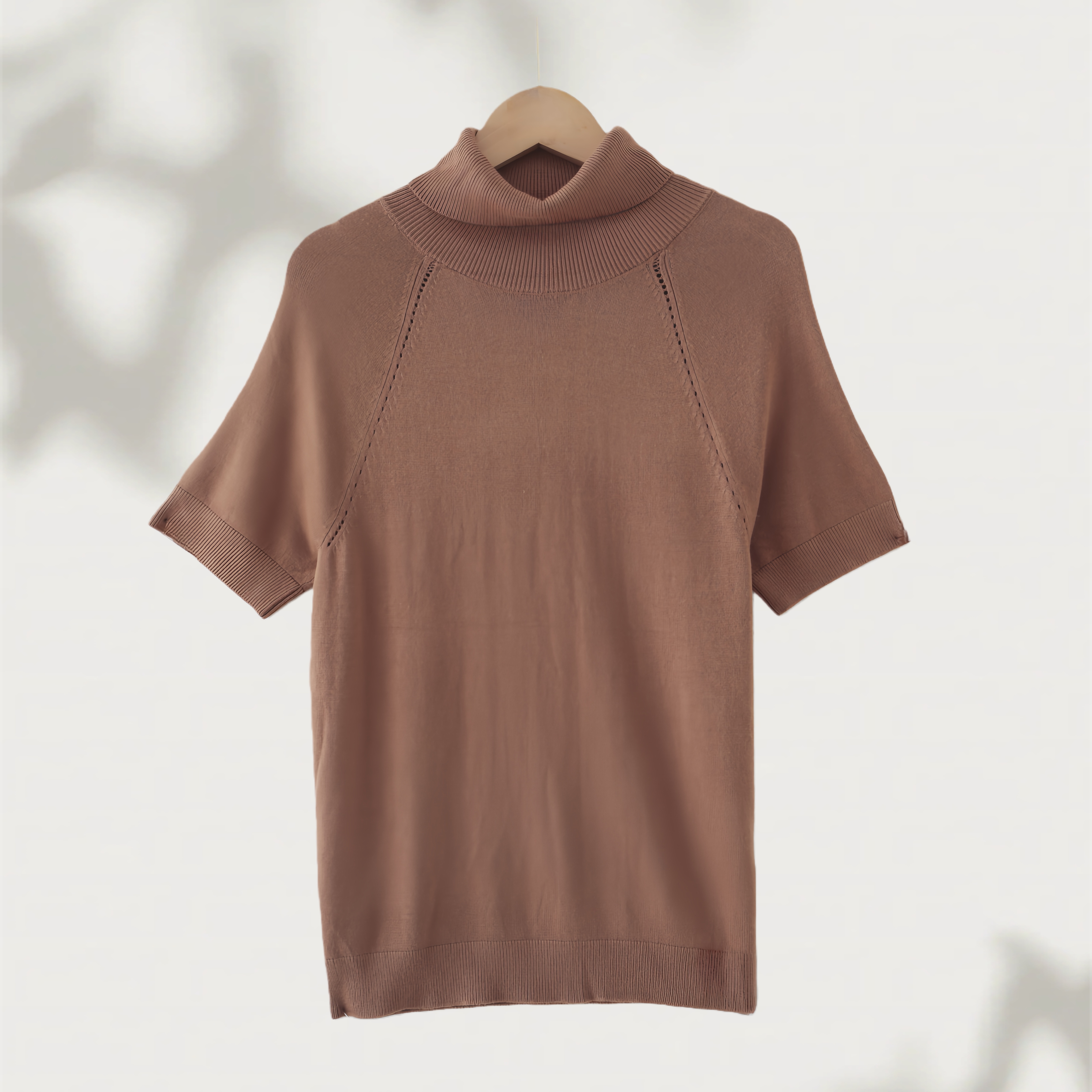 女士高领短袖针织衫02389修身型堆堆领插肩袖短款针织