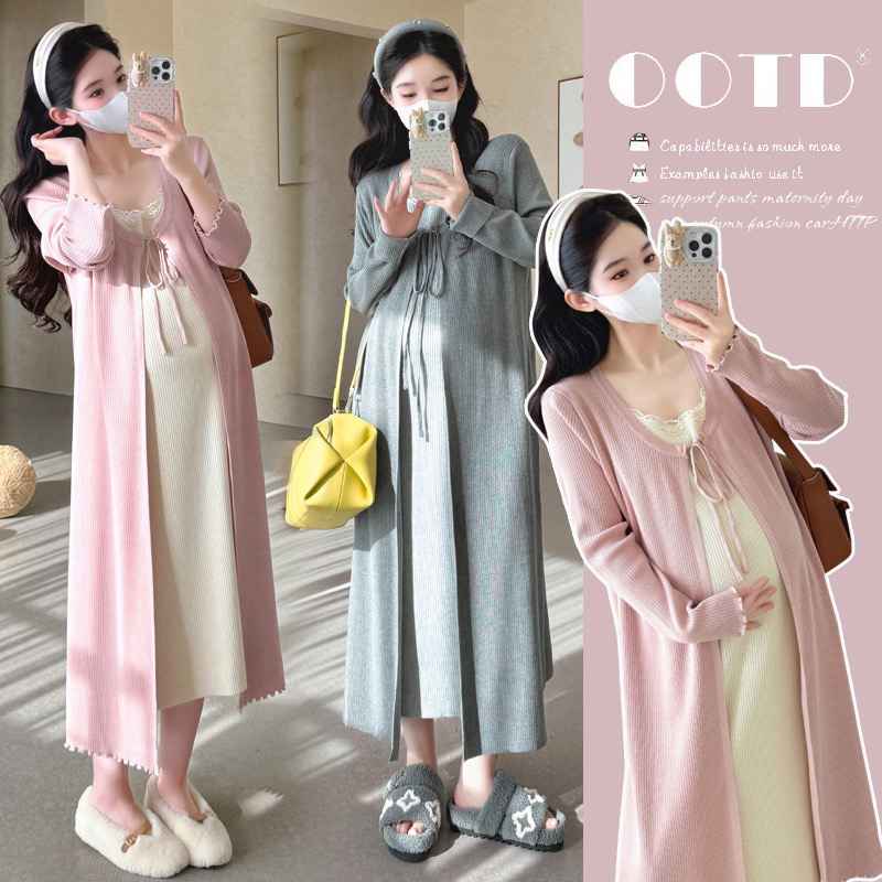 秋冬甜美假两件蕾丝拼接设计感撞色系带外穿孕妇连衣裙