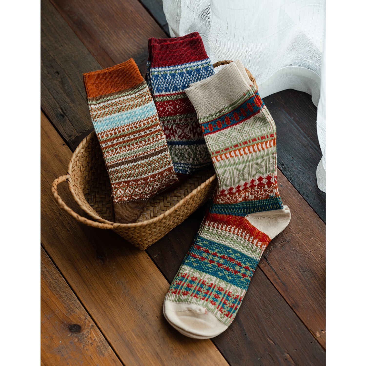 无品牌古苔 美拉德风费尔岛针织棉袜 秋冬百搭保暖男女同款袜子