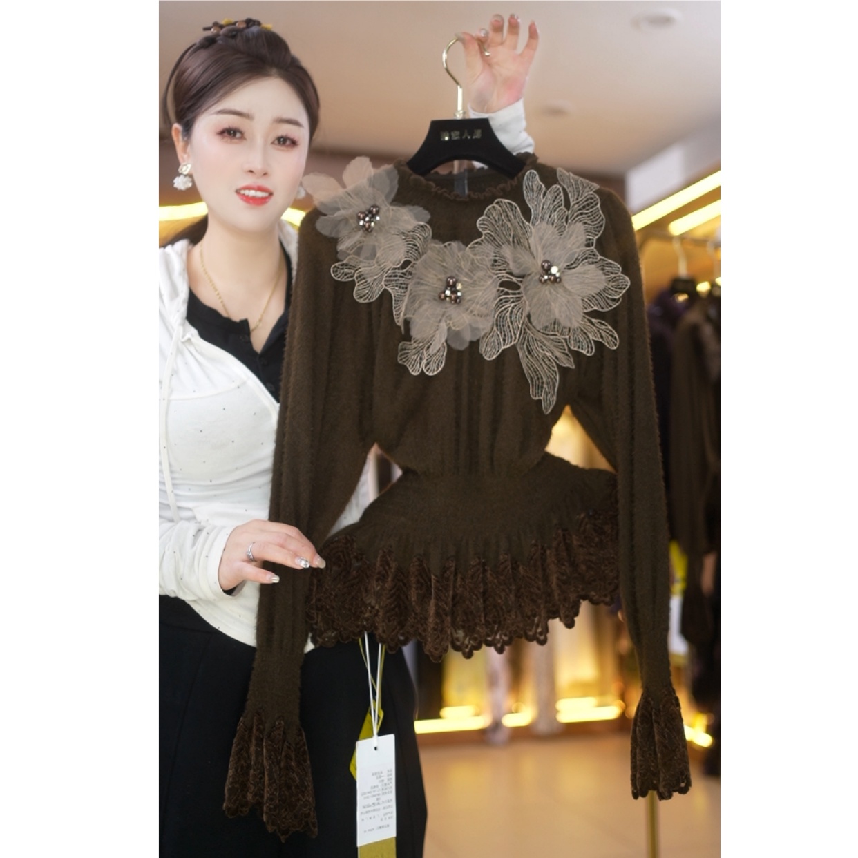 【娟专属】荷叶边法式拼接长袖蕾丝打底衫镶钻显瘦时尚上衣2501-1