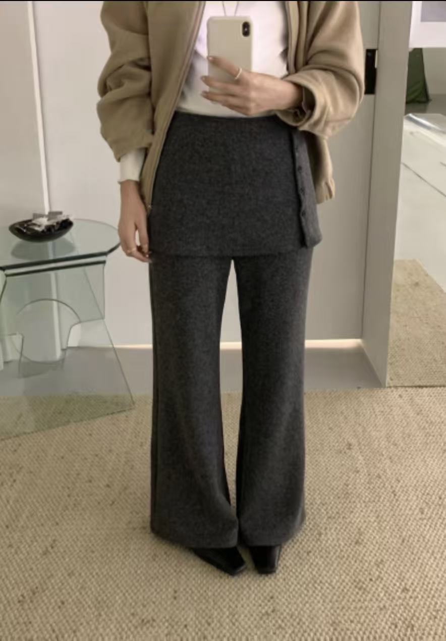 【纽扣屁帘裤】秋冬慵懒风韩版松紧腰休闲阔腿微喇裤x