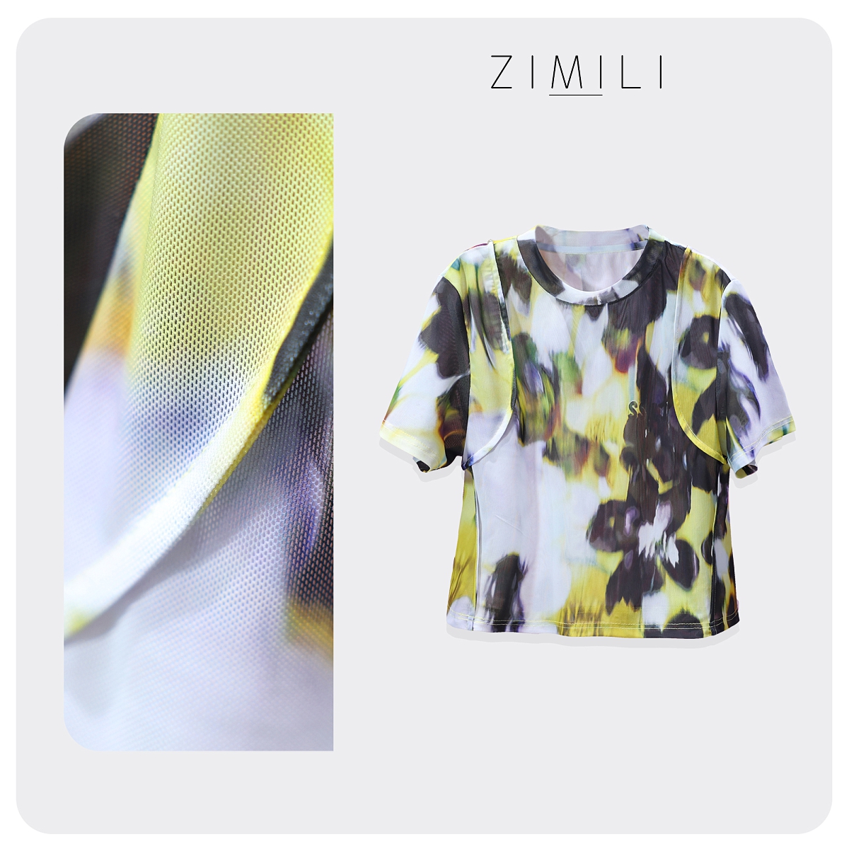 【子秋女装】2025夏季时尚轻奢黄黑撞色水印修身长袖网纱上衣6139