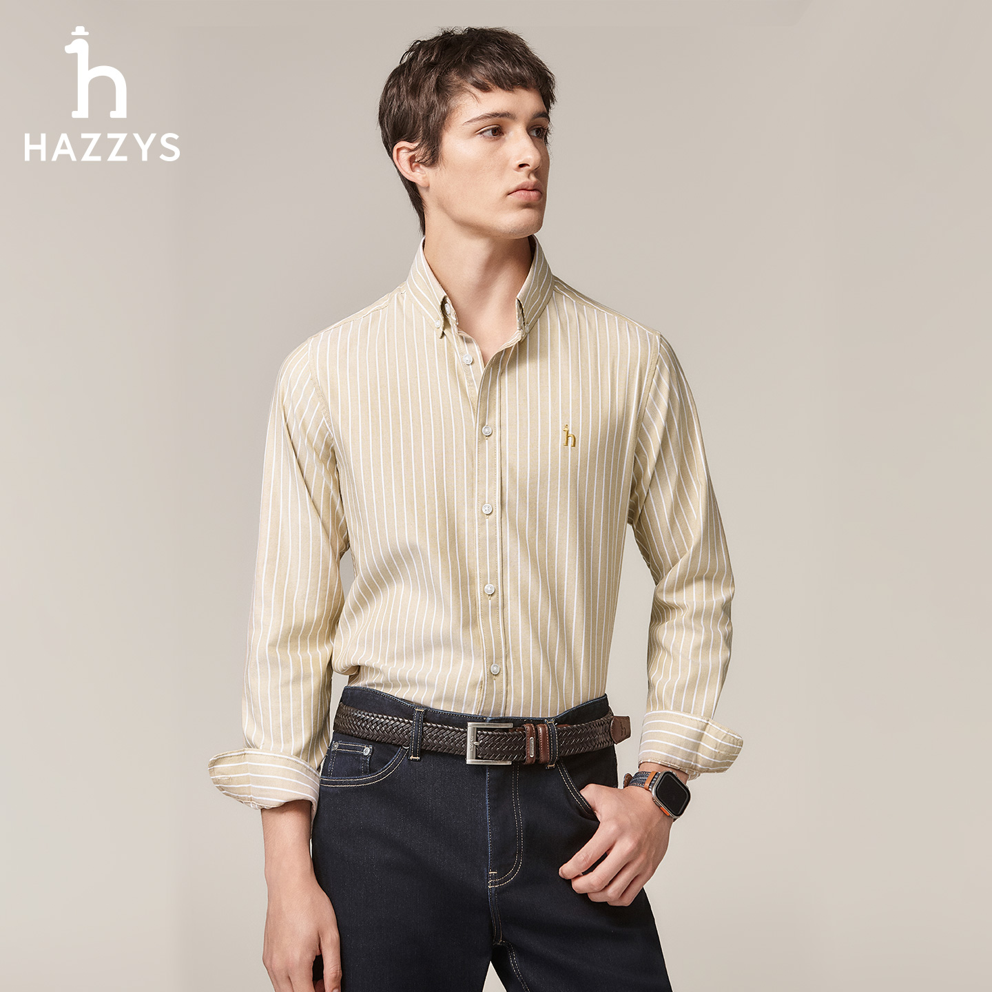 HAZZYS哈吉斯男士秋季经典条纹衬衫长袖 时尚商务休闲扣领衬衣