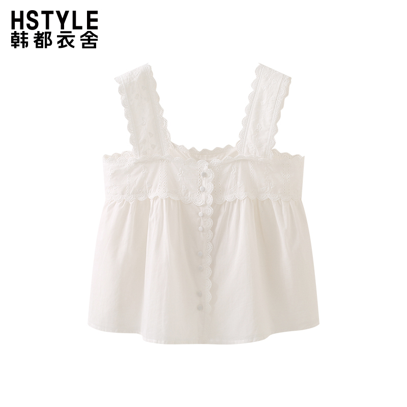 韩都衣舍短款时尚花边吊带背心女白色纯欲修身甜美上衣夏季新款