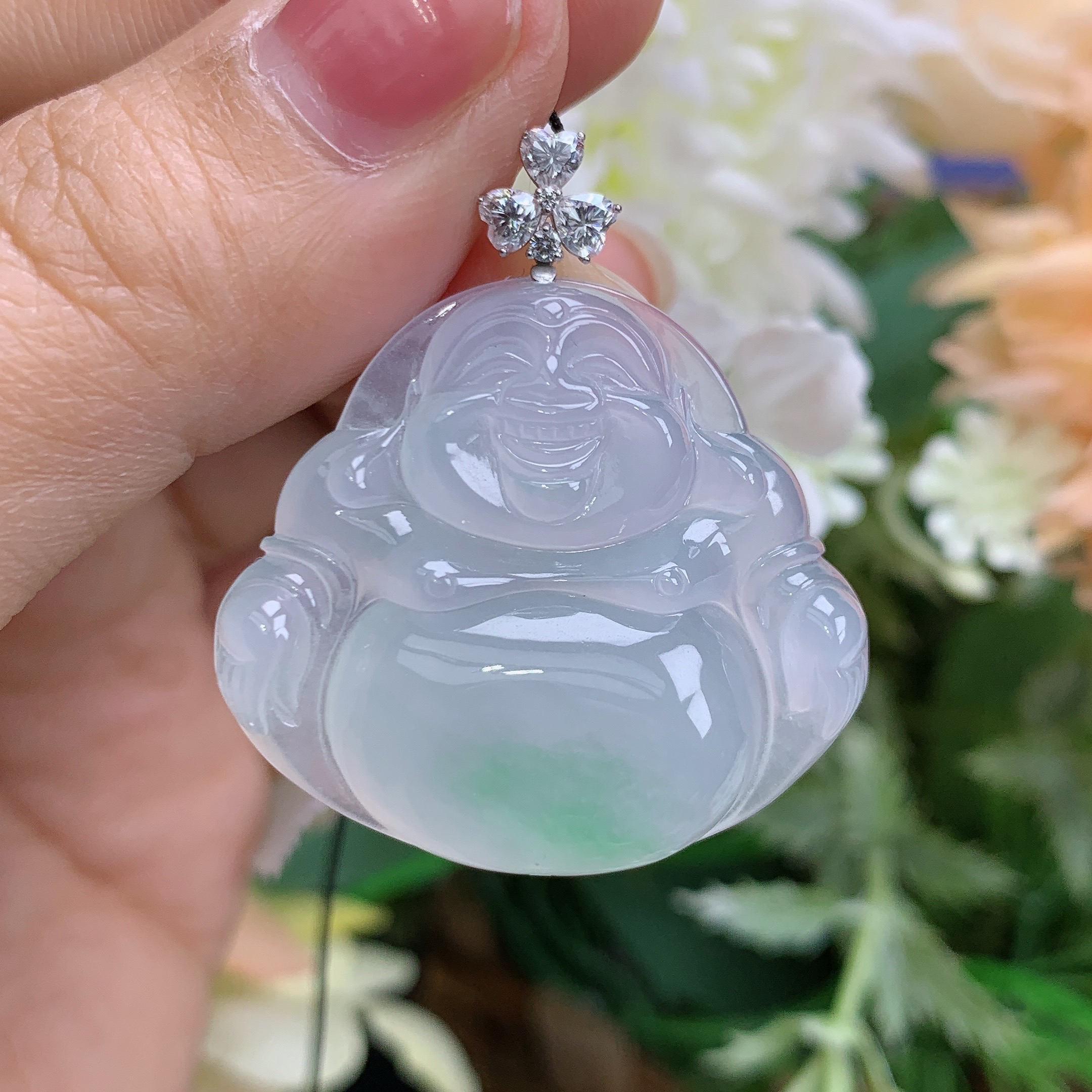 缅甸天然翡翠A货一刀高冰起胶飘阳绿佛公吊坠大尺寸28.2×31.6×6.7