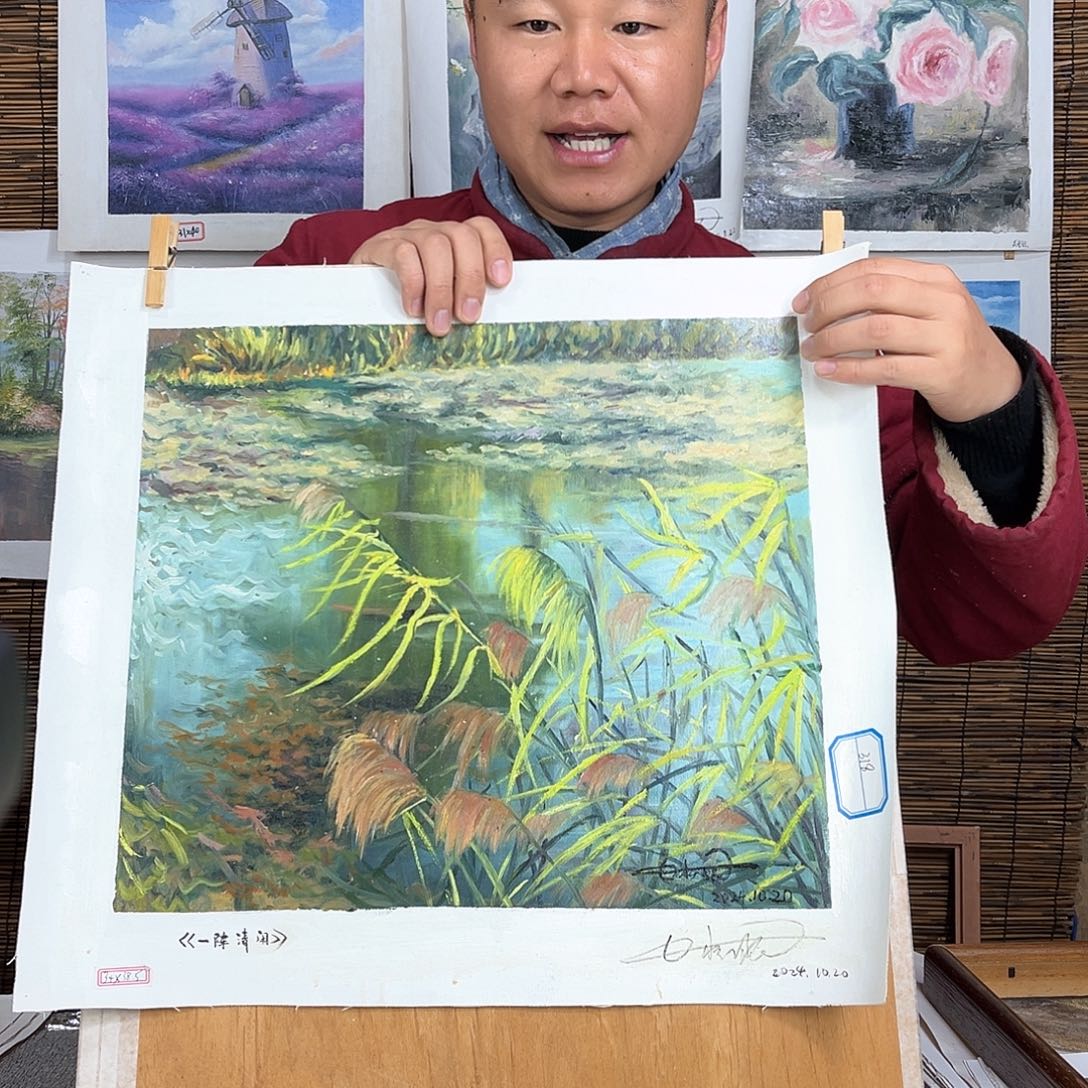 油画行路人小院绘画作品