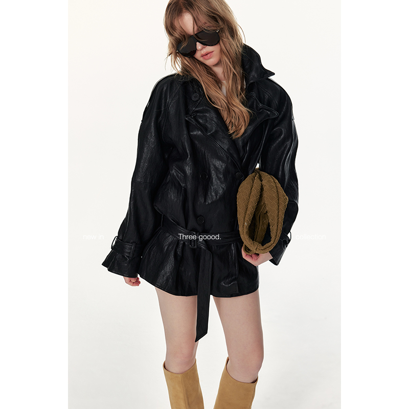 THREE GOOOD/三吉【达人专属】中古风PU皮捏造型皮衣（含腰带和袖袢）