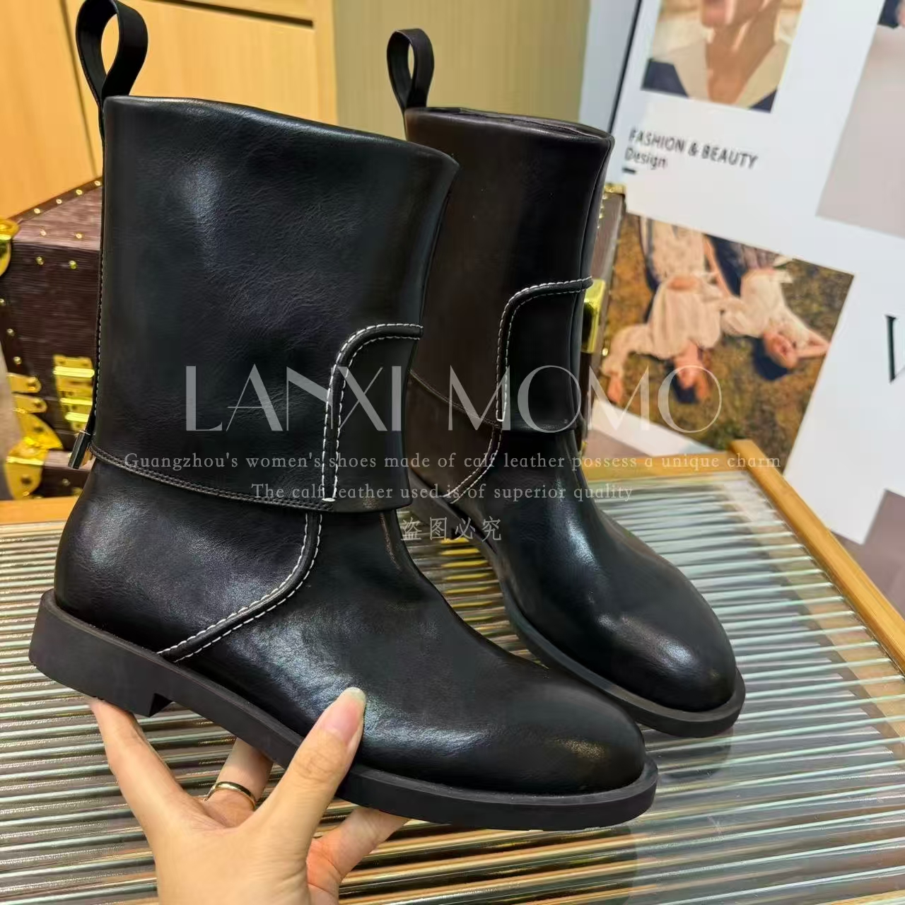 【LANXI  MOMO】时尚百搭黑色英伦风秋冬骑士靴舒适短靴24XZ514LX