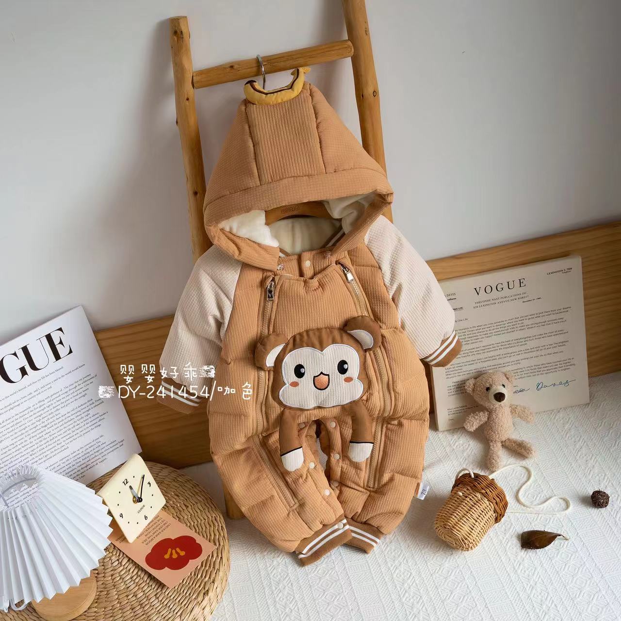冬季婴儿婴幼儿连体衣新生儿保暖大嘴猴双拉链白鸭绒羽绒服1454